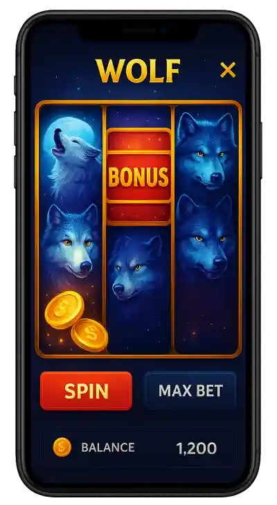 Wolf Winner Casino AU mobile app interface on Android and iOS smartphones